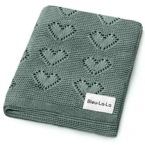 Bleu La La 100% Luxury Cotton Receiving Swaddle Baby Blanket - Heart: Denim Blue