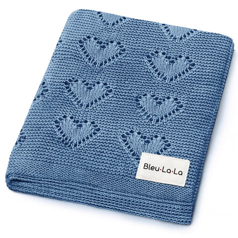 Bleu La La 100% Luxury Cotton Receiving Swaddle Baby Blanket - Heart: Denim Blue