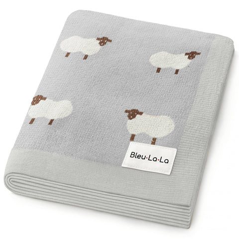Bleu La La 100% Luxury Cotton Receiving Swaddle Baby Blanket - Sheep: Grey