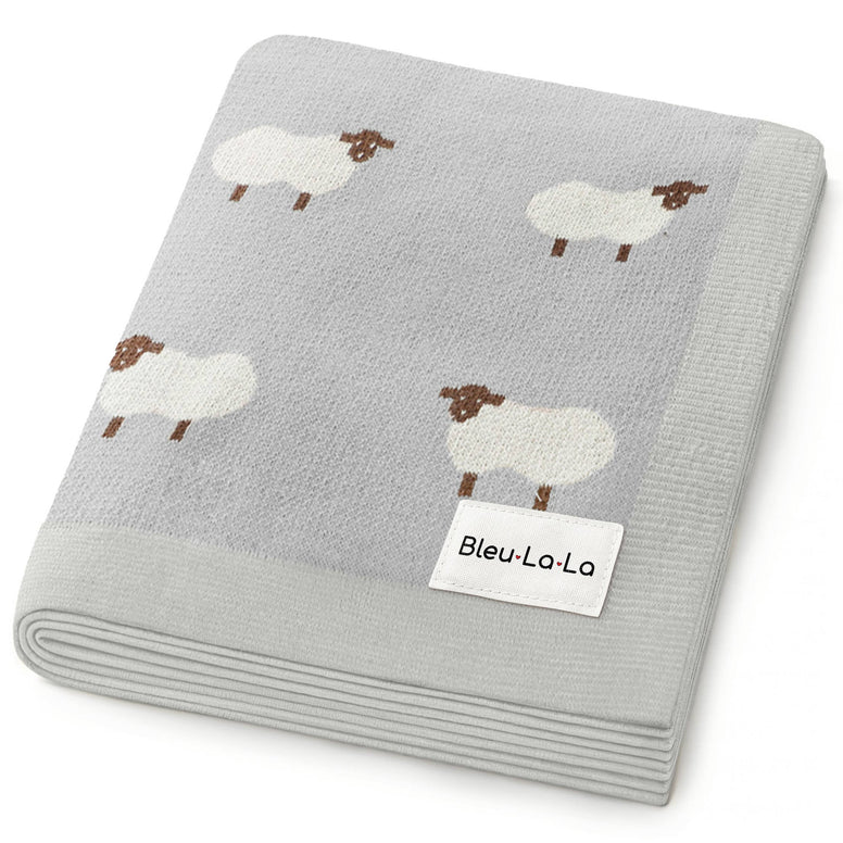 Bleu La La 100% Luxury Cotton Receiving Swaddle Baby Blanket - Sheep: Grey