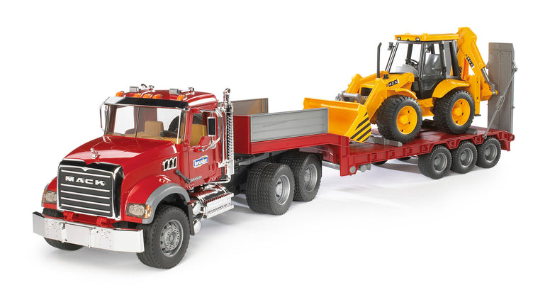 Bruder 02813 MACK Granite Truck with Low Loader and JCB Backhoe Loader